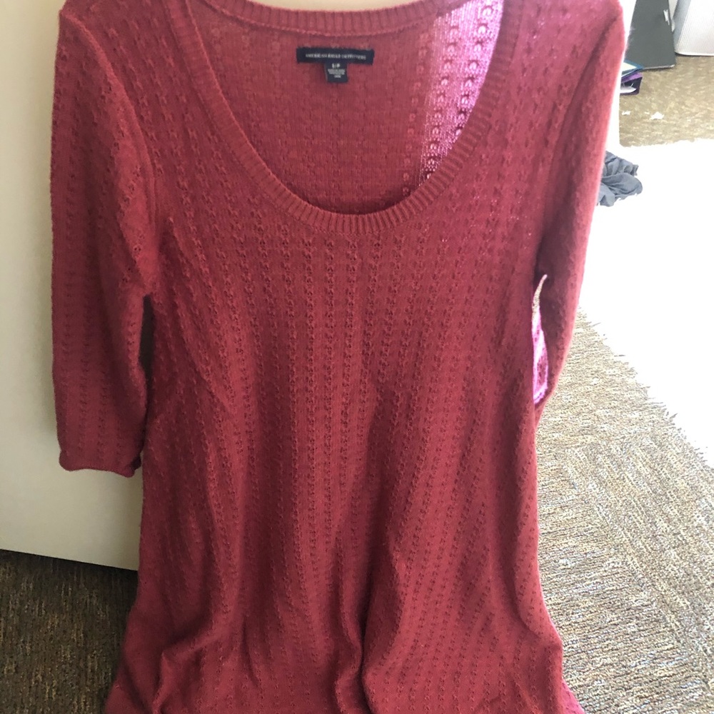 3/4 sleeve, slightly above the knee sweater dress, red